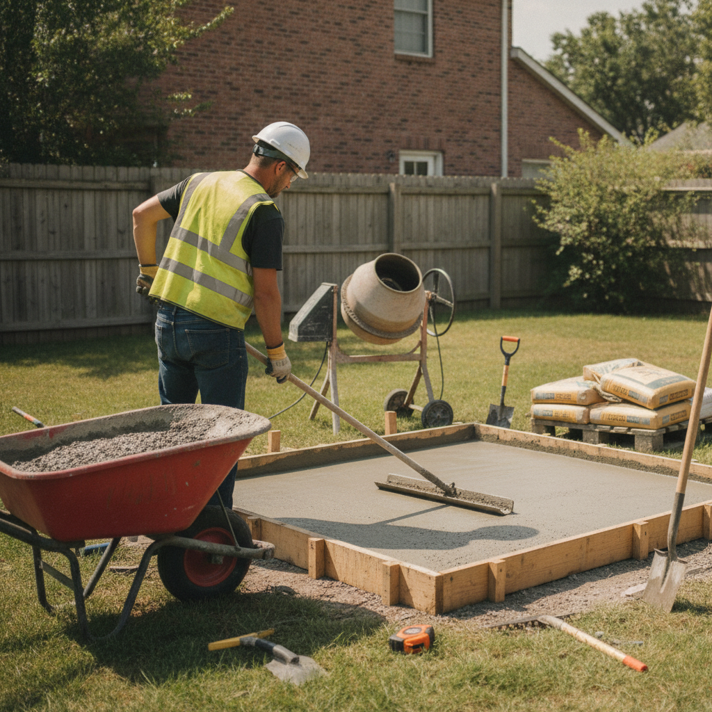 Create a realistic, professional service-business photograph showing Concrete Installation from behind, with the backs of their heads visible. Do not show any faces, facial features, front-facing views or side views, profiles, or identifiab