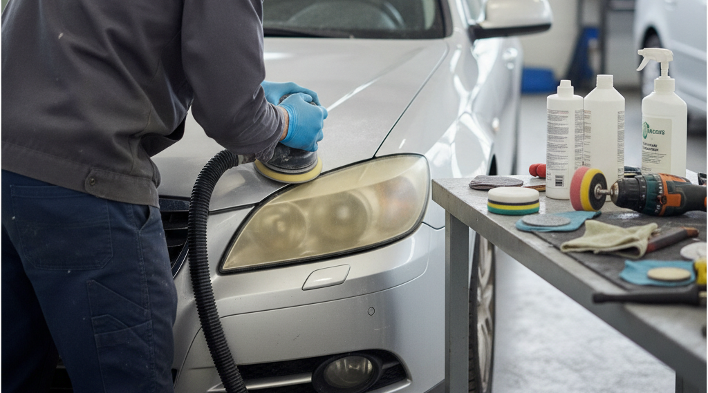 Create a realistic, professional service-business photograph showing Auto Headlight Restoration from behind, with the backs of their heads visible. Do not show any faces, facial features, front-facing views or side views, profiles, or ident