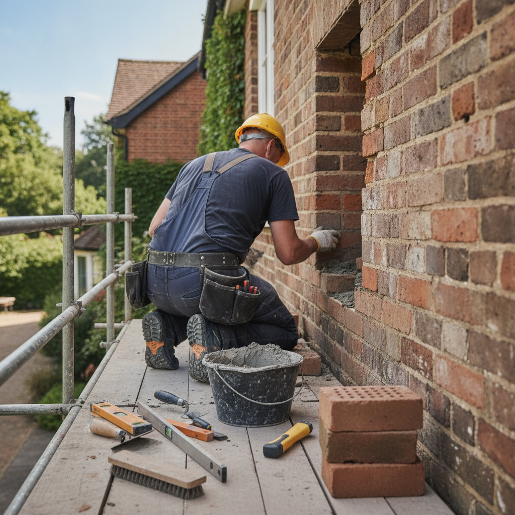 Create a realistic, professional service-business photograph showing Brick Repair from behind, with the backs of their heads visible. Do not show any faces, facial features, front-facing views or side views, profiles, or identifiable people